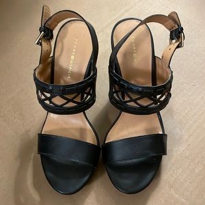 Tommy Hilfiger black platform heel sandals with gold hardware details